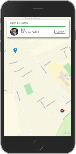 Phone showing a live map with the driver en route and vehicle details